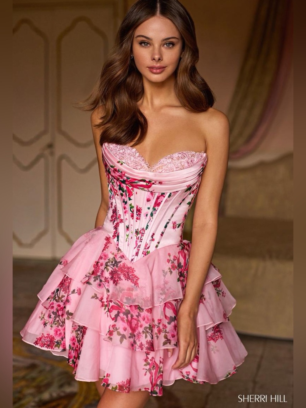 Sherri Hill Strapless Pink Floral Corset Homecoming Mini Dress Style 57296 Size0